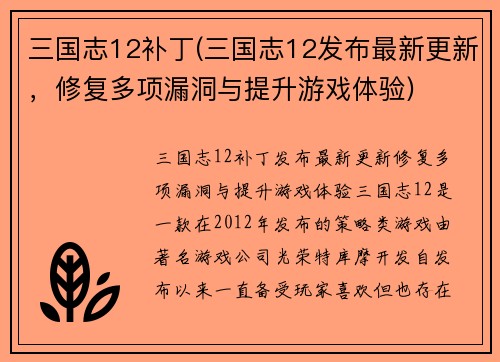 三国志12补丁(三国志12发布最新更新，修复多项漏洞与提升游戏体验)